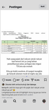 Unggahan Leony terhadap Laporan Keuangan Pemkot Tangsel yang dianggap janggal salah satunya pemeliharaan jalan dan jaringan yang  cuma dialokasikan sebesar 731 juta. [Intagram]